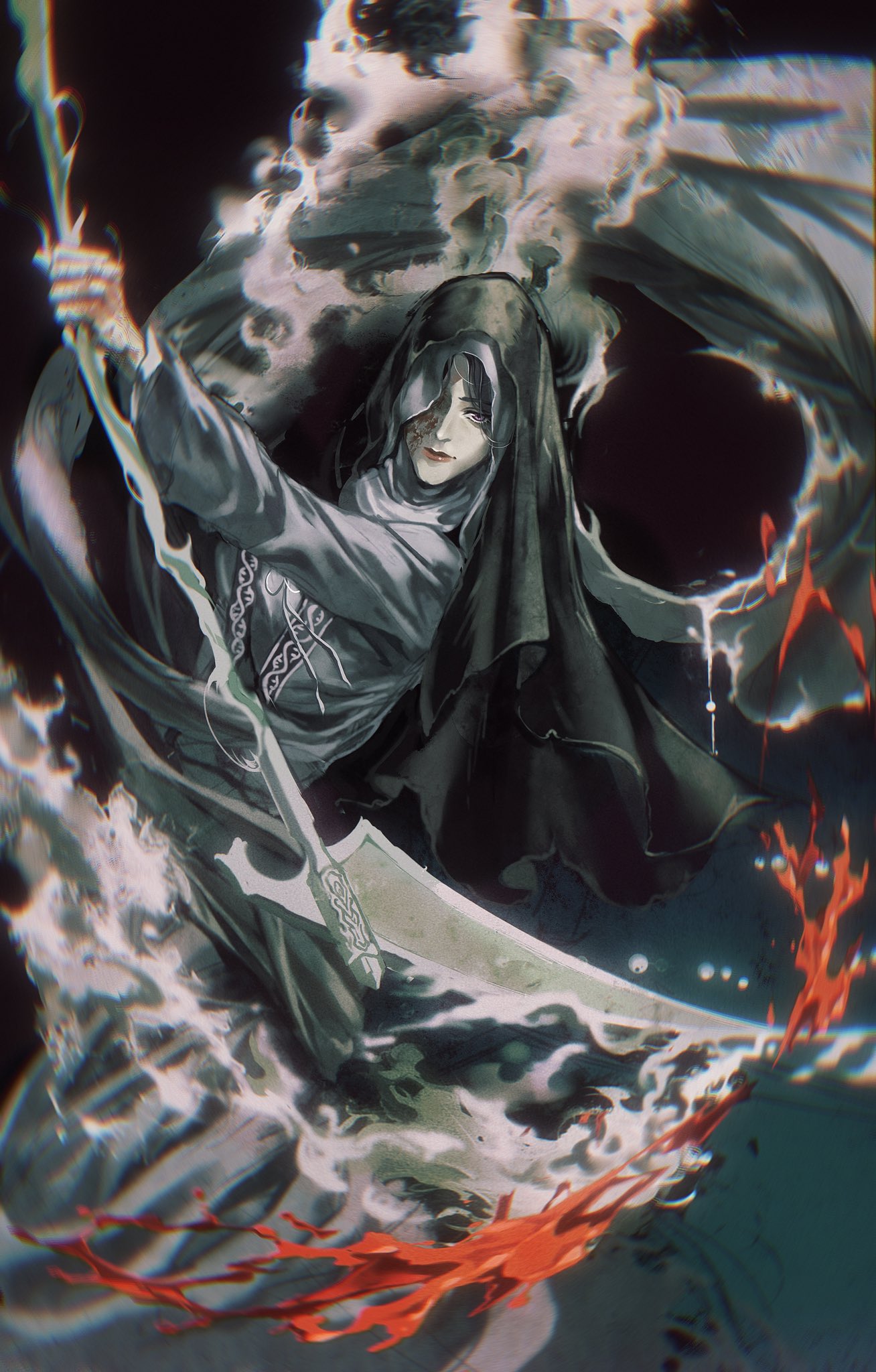 1girl, black_background, black_hair, black_hood, burn_scar, closed_mouth, dark_souls_(series), dark_souls_iii
