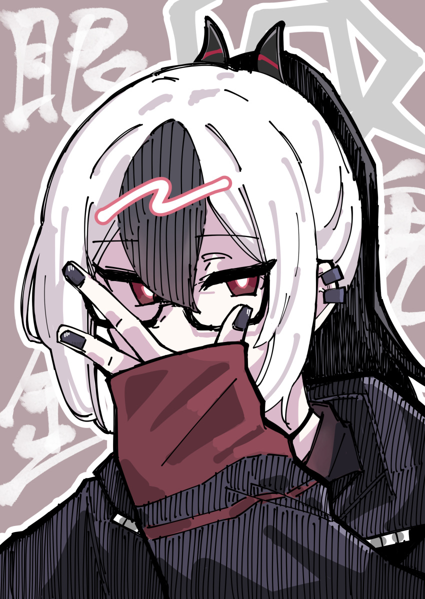 1girl, absurdres, bespectacled, black-framed_eyewear, black_hair, black_hoodie, black_horns, black_nails