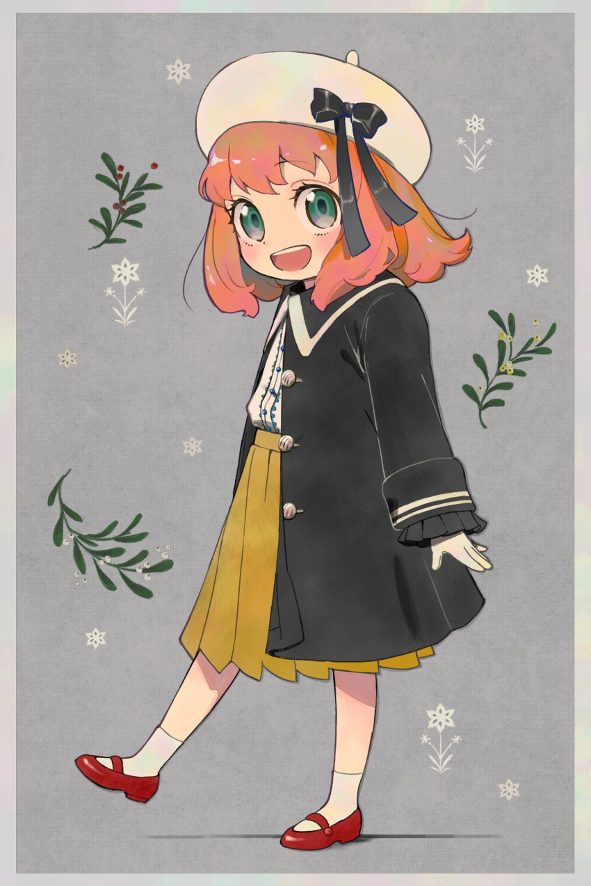 1girl, anya_(spy_x_family), black_bow, black_coat, blush, border, bow, buttons, child, coat, collared_coat, commentary_request, flower, frilled_coat, frills, full_body, green_eyes, grey_background, grey_border, hat, hat_bow, highres, long_sleeves, looking_at_viewer, mary_janes, medium_hair, mistletoe, no_ichigo, open_clothes, open_coat, open_mouth, pink_hair, plant, pleated_skirt, red_shoes, shirt, shirt_tucked_in, shoes, skirt, smile, socks, solo, spy_x_family, standing, standing_on_one_leg, teeth, upper_teeth_only, white_flower, white_hat, white_socks, winter, yellow_skirt
