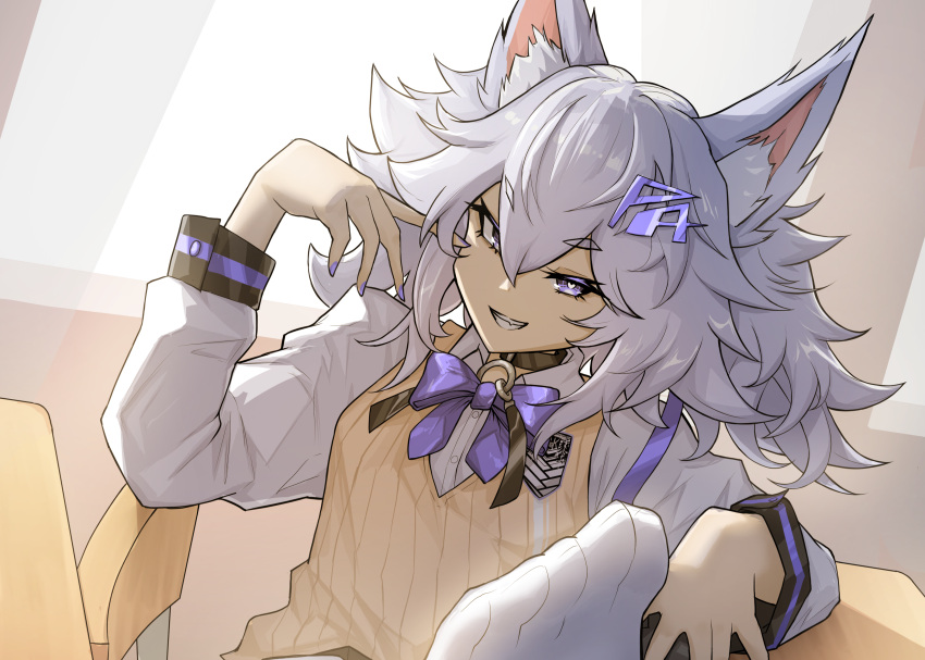 1girl, absurdres, animal_ears, blue_bow, blue_bowtie, blue_eyes, blue_nails, bow, bowtie, breasts, chair, close-up, collared_shirt, day, desk, fang, feet, fox_ears, fox_girl, girls_frontline, grin, gun, hair_between_eyes, hair_ornament, hairclip, hands_up, highres, holding, holding_gun, holding_weapon, indoors, long_hair, long_sleeves, medium_hair, messy_hair, nail_polish, pa-15_(girls'_frontline), pa-15_(high_school_thrills)_(girls'_frontline), school_chair, school_desk, school_uniform, shirt, sitting, small_breasts, smile, smug, solo, tofu_(killer150), twintails, vest, weapon, white_hair, white_shirt