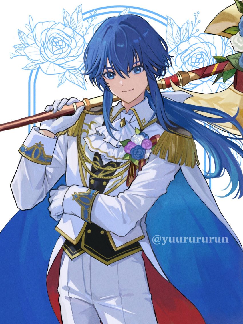 1boy, axe, blue_eyes, blue_hair, blue_sleeve_cuffs, cape, fire_emblem, fire_emblem:_genealogy_of_the_holy_war, fire_emblem_heroes, gloves, groom, highres, holding, holding_axe, long_hair, male_focus, official_alternate_costume, ponytail, seliph_(fire_emblem), seliph_(light's_legacy)_(fire_emblem), sidelocks, smile, solo, suit, two-sided_cape, two-sided_fabric, white_cape, white_gloves, white_suit, yuurururun
