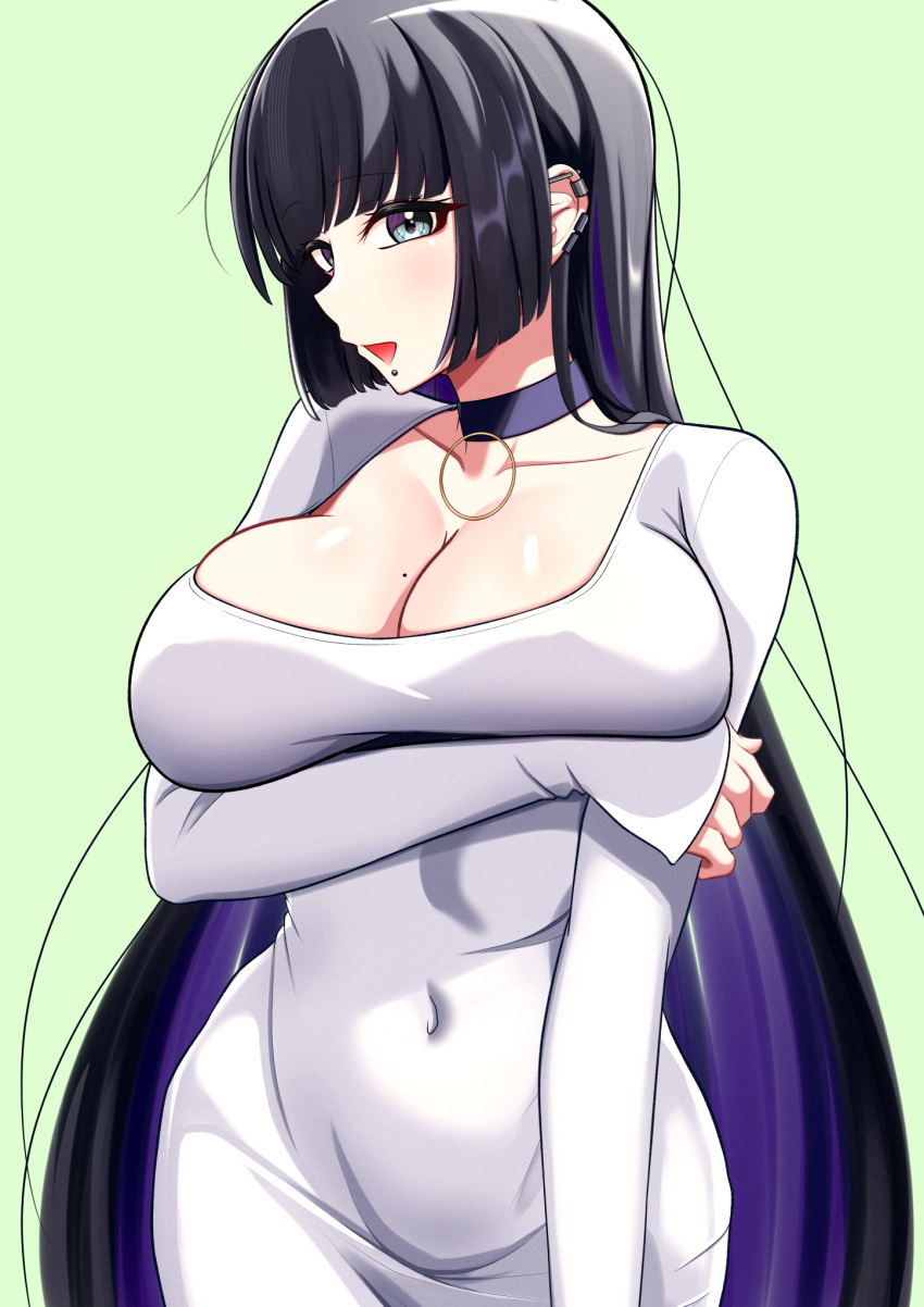 1girl, arm_under_breasts, barbell_piercing, bigthirteen0301, black_choker, black_hair, blunt_bangs, bocchi_the_rock!