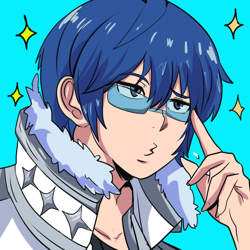 1boy, absurdres, adjusting_eyewear, blue_background, blue_eyes, blue_hair, commentary, cosplay