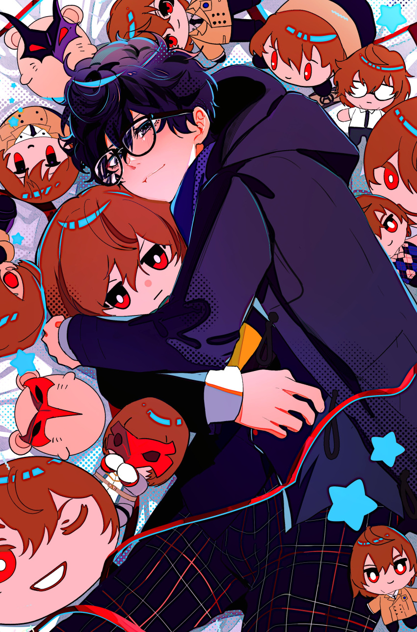 2boys, absurdres, akechi_gorou, amamiya_ren, black_hair, bright_pupils, chibi, crow_(persona_5)