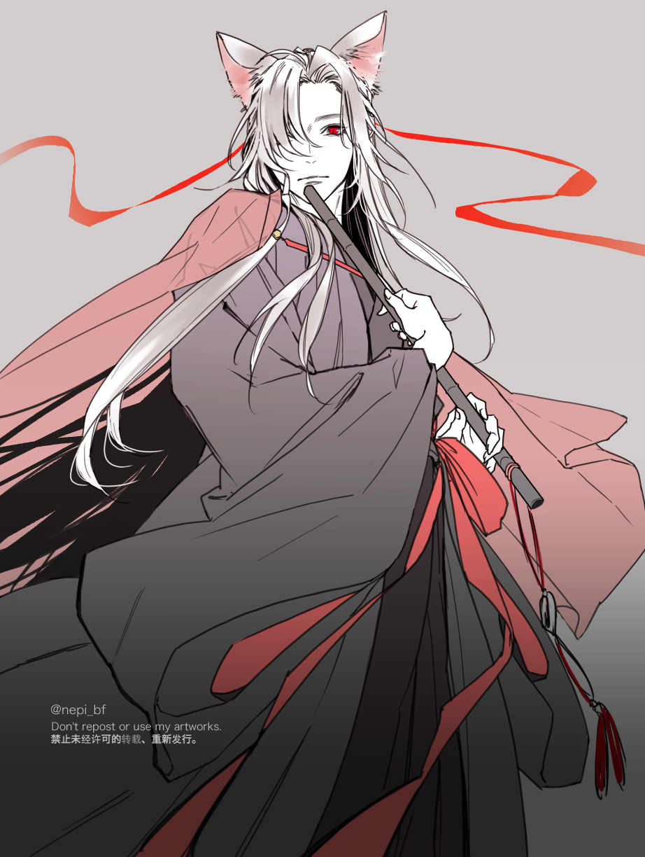 1boy, animal_ears, black_hanfu, cape, chinese_clothes, coat, english_text, flute, fox_boy, fox_ears, grey_background, grey_coat, hair_down, hair_over_one_eye, hair_ribbon, hand_fan, hanfu, highres, holding, holding_flute, holding_instrument, instrument, jade_(gemstone), kemonomimi_mode, long_hair, long_sleeves, looking_at_viewer, male_focus, modao_zushi, monochrome, official_alternate_costume, official_alternate_hairstyle, red_cape, red_eyes, red_ribbon, ribbon, simple_background, solo, spot_color, tassel, twitter_username, wei_wuxian, wei_wuxian_(yiling_laozu), wide_sleeves, ykmr_(haga)