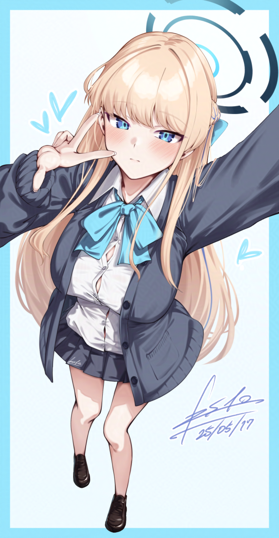1girl, black_cardigan, black_skirt, blonde_hair, blue_archive, blue_eyes, blush, bow, brown_shoes, cardigan, closed_mouth, esto_0079, expressionless, hair_bow, long_hair, official_alternate_costume, official_alternate_hairstyle, shirt, shoes, sidelocks, skirt, solo, toki_(blue_archive), toki_(school_uniform)_(blue_archive), v, white_shirt