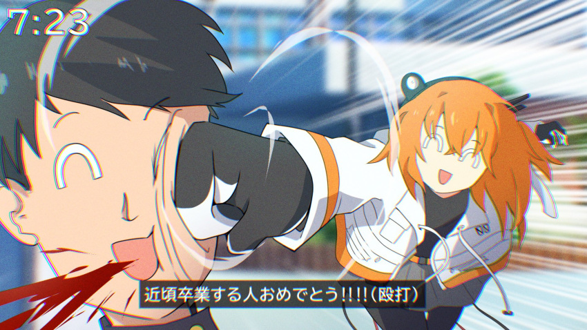 1boy, 1girl, ^_^, a.i._voice, adachi_rei, black_gloves, black_hair, blood