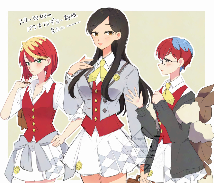 3girls, backpack, bag, black_hair, blonde_hair, blue_hair, breasts, brown_bag