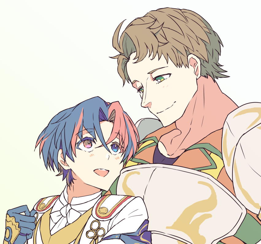 2boys, blue_eyes, blue_gloves, blue_hair, boucheron_(fire_emblem), brown_hair, crossed_bangs, fire_emblem, fire_emblem_engage, gloves, green_eyes, hair_between_eyes, heterochromia, highres, male_alear_(fire_emblem), male_focus, meba., multicolored_hair, multiple_boys, open_mouth, red_eyes, red_hair, short_hair, split-color_hair, two-tone_hair