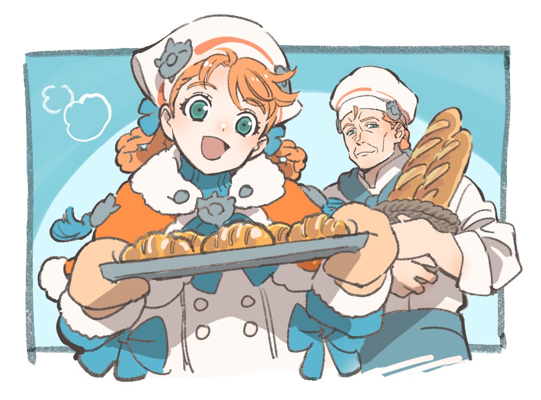 1boy, 1girl, 9st_3nomushi, annette_fantine_dominic, annette_fantine_dominic_(winter), aqua_bow, aqua_neckerchief, aqua_pants