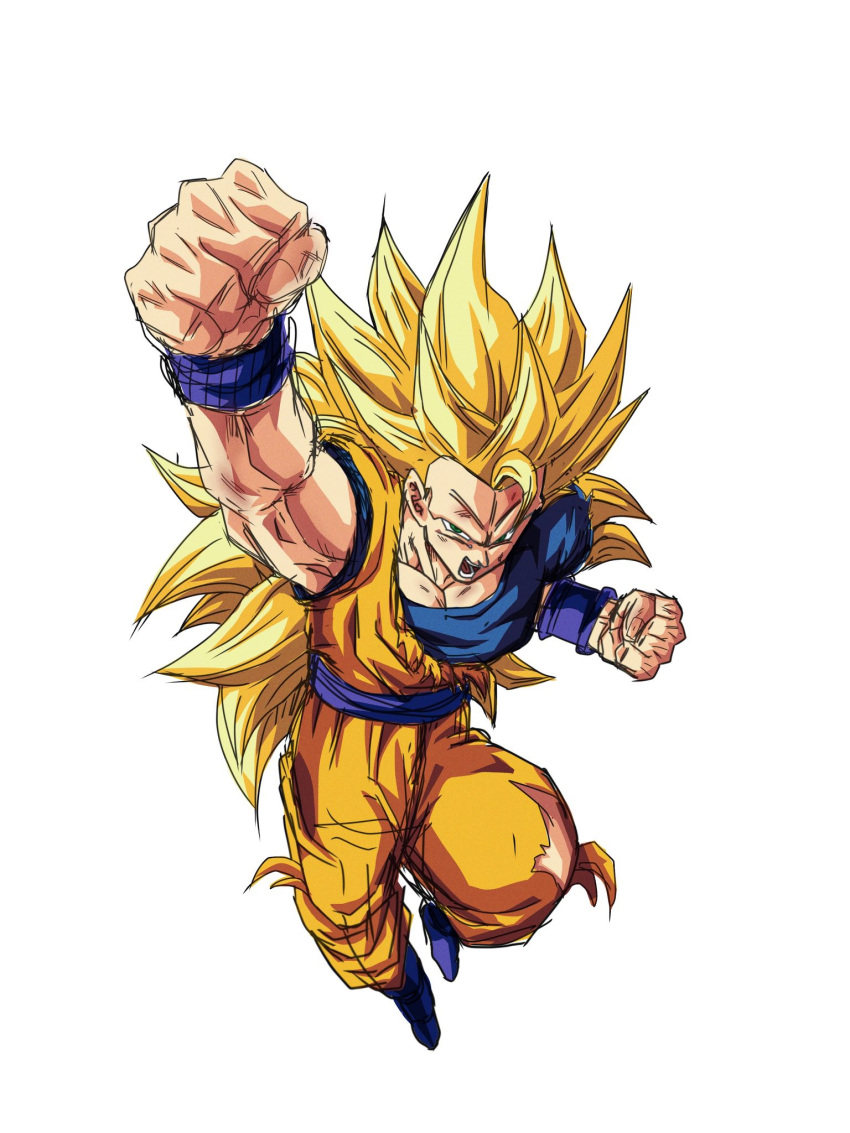 1boy, blonde_hair, blue_sash, blue_shirt, blue_wrist_cuffs, clenched_hands, dougi, dragon_ball
