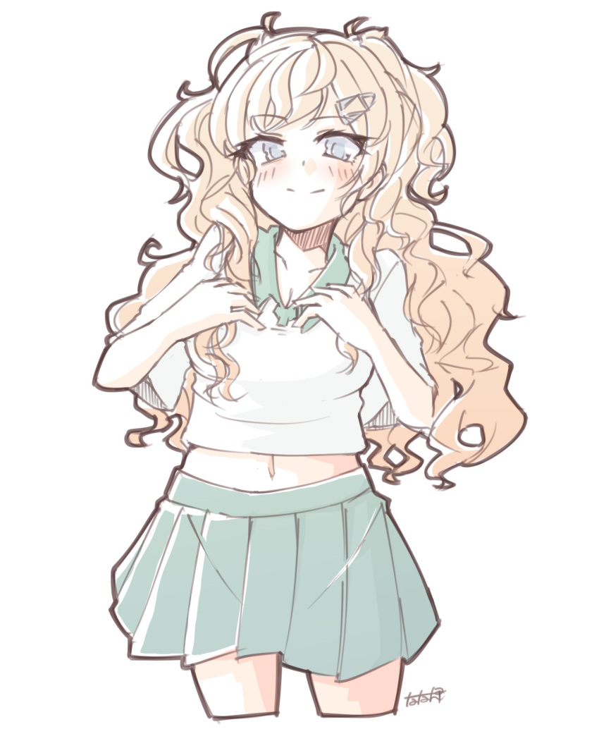 1girl, blonde_hair, collared_shirt, contrast_collar, cowboy_shot, cropped_legs, green_skirt, grey_eyes, hair_ornament, hairclip, highres, kantai_collection, long_hair, looking_at_viewer, minneapolis_(kancolle), minneapolis_(tennis)_(kancolle), official_alternate_costume, pleated_skirt, polo_shirt, shirt, simple_background, skirt, solo, sportswear, tatahai, tennis_uniform, two_side_up, wavy_hair, white_background, white_shirt