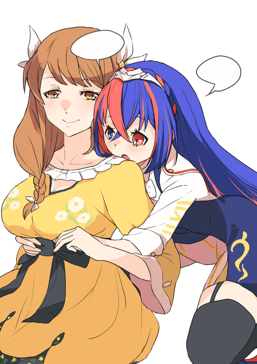 2girls, blue_eyes, blue_hair, braid, breasts, crossed_bangs, crown_braid, dress