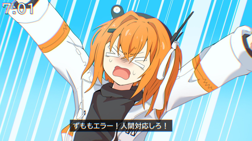 >_<, 1girl, a.i._voice, adachi_rei, arms_up, black_shirt, blue_background, closed_eyes