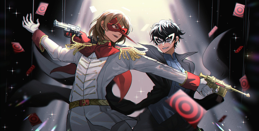 2boys, black_hair, brown_hair, crow_(persona_5), domino_mask, fsmaichobpeg0, grin, gun