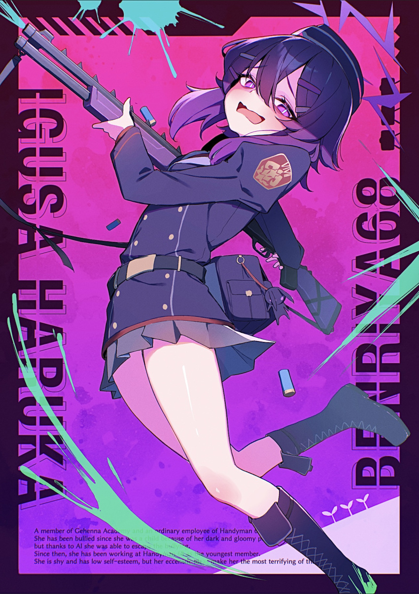 1girl, bag, bag_charm, black_boots, blue_archive, boots, buttons, character_name, charm_(object), claymore_(mine), double-breasted, english_commentary, explosive, fabarm_fp6, foot_out_of_frame, garrison_cap, gun, hair_between_eyes, halo, haruka_(blue_archive), hat, highres, holding, holding_gun, holding_weapon, hoyhoy_colo, juliet_sleeves, knee_boots, long_sleeves, looking_at_viewer, mine_(weapon), open_mouth, pleated_skirt, puffy_sleeves, pump_action, purple_background, purple_hair, purple_halo, shotgun, shotgun_shell, simple_background, skirt, smile, solo, violet_eyes, weapon