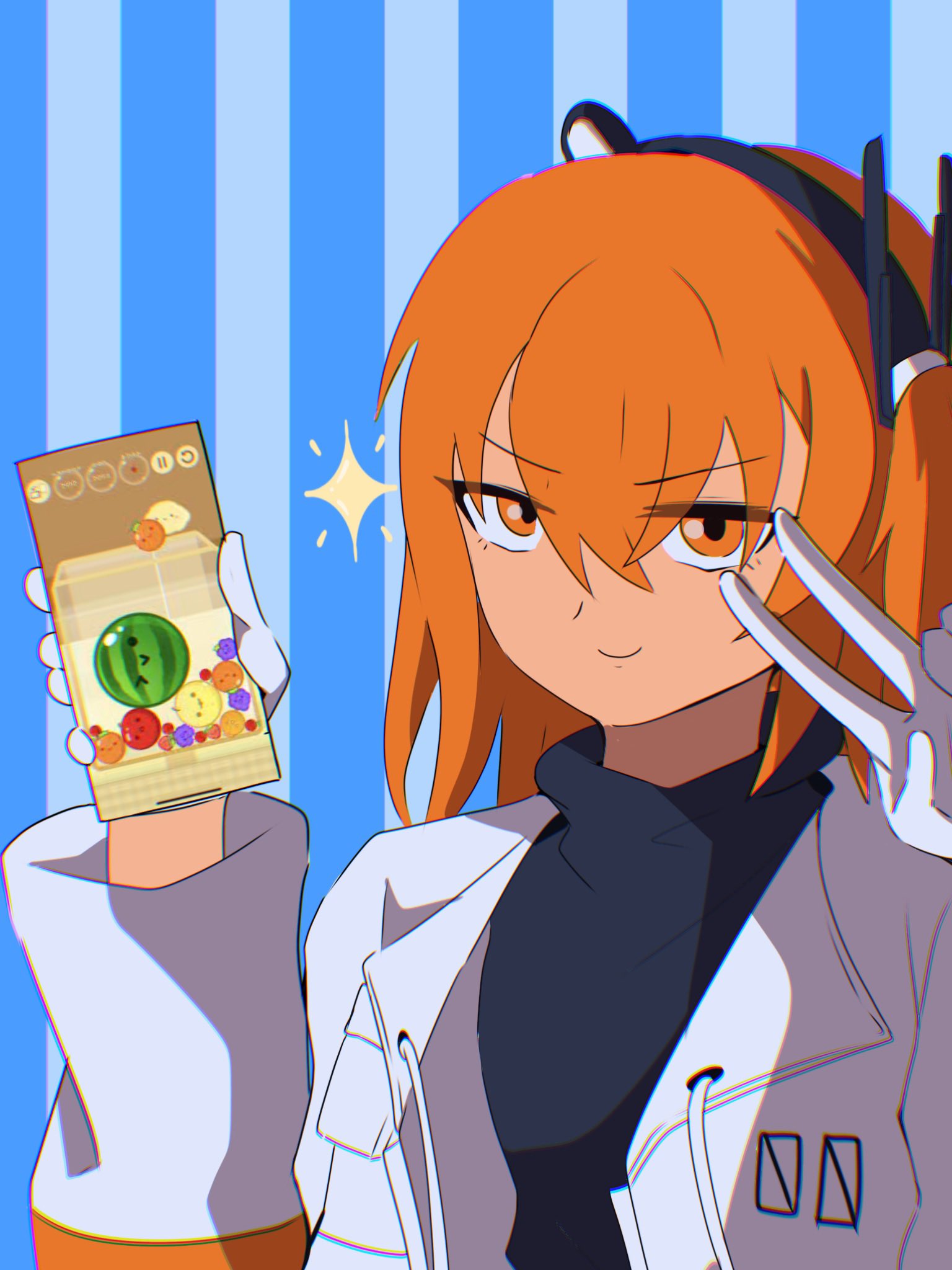 1girl, adachi_rei, blue_background, cellphone, closed_mouth, gloves, hands_up, highres