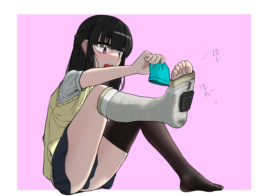 absurdres, black_hair, black_skirt, black_thighhighs, broken_leg, cast, highres, holding_sock, leg_cast, original, scotch(castlover), skirt, socks, thigh-highs, unworn_socks