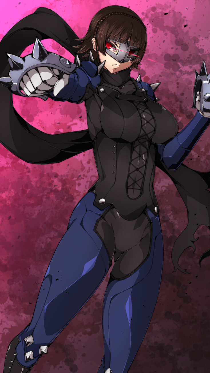 biker_clothes, bikesuit, black_scarf, blue_bodysuit, bodysuit, braid, brass_knuckles, breasts