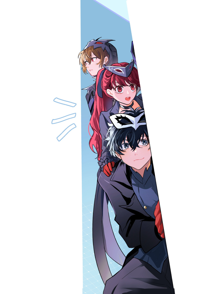 1girl, 2boys, absurdres, black_hair, black_mask_(persona_5), brown_hair, closed_mouth, fsmaichobpeg0