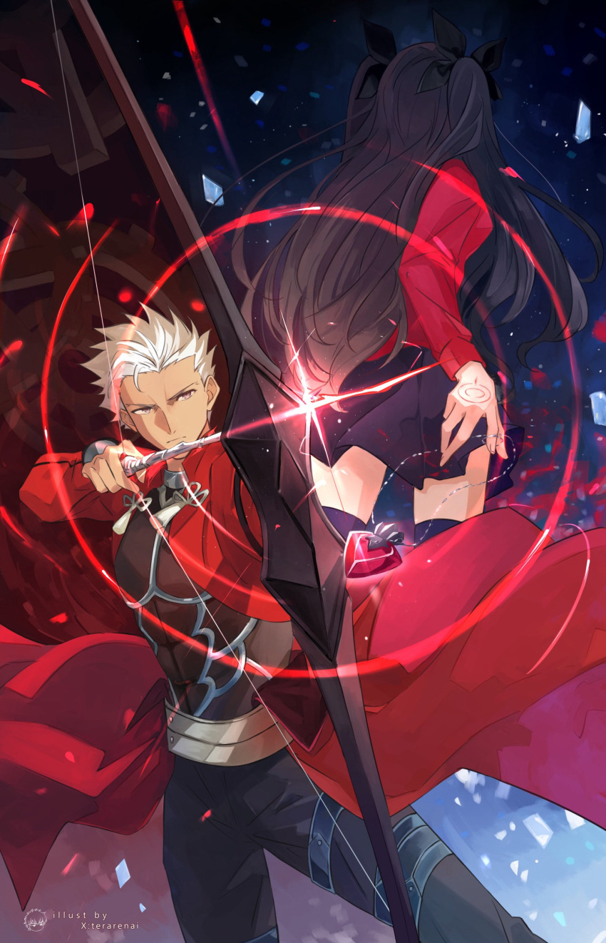 1boy, 1girl, archer_(fate), armor, black_hair, black_thighhighs, bow_(weapon), caladbolg_(fate)