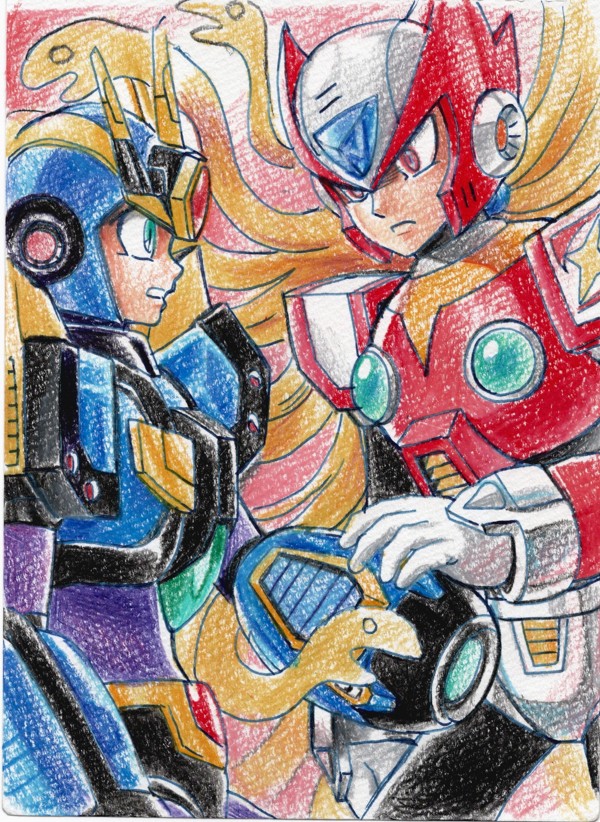 2boys, android, arm_cannon, armor, battle, blonde_hair, blue_armor, blue_helmet, chest_jewel, cosplay, cowboy_shot, helmet, hijiriiyaa, krita_(medium), long_hair, male_focus, mega_man_(series), mega_man_x5, mega_man_x_(series), multiple_boys, red_armor, red_eyes, red_helmet, snake_hair, traditional_media, ultimate_armor_x_(mega_man), ultimate_armor_x_(mega_man)_(cosplay), weapon, x_(mega_man), zero_(mega_man)