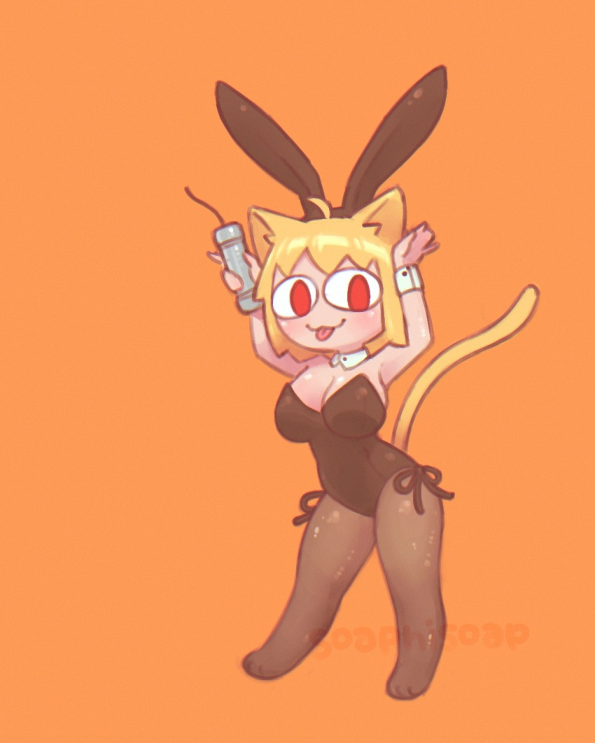 1girl, anthro, blonde_hair, bunnysuit, cat_girl, cat_tail, neko_arc, orange_background