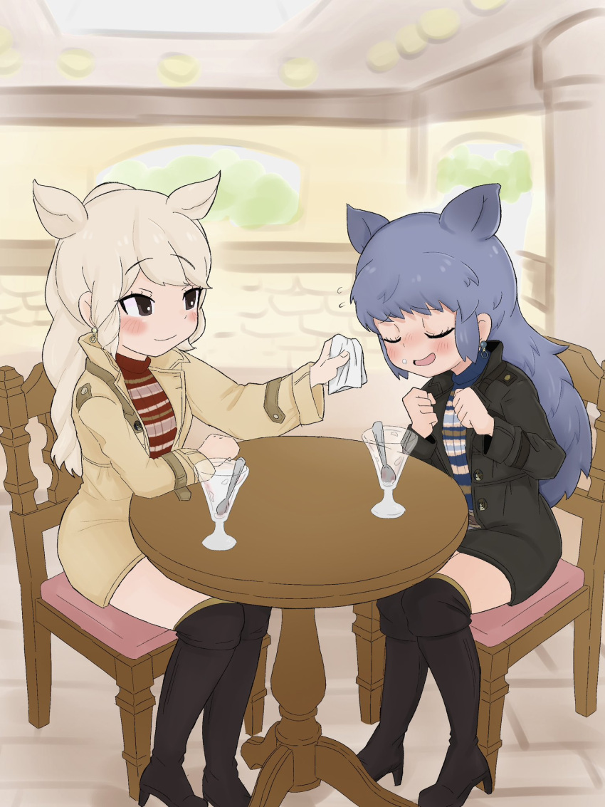0bekenzene, alternate_costume, animal_ears, black_boots, black_jacket, black_rhinoceros_(kemono_friends), blue_sweater, blush