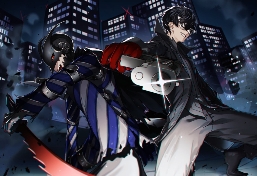 2boys, aiming, aiming_at_viewer, black_hair, black_mask, black_mask_(persona_5), domino_mask, grin, gun, highres, holding, holding_sword, holding_weapon, joker_(persona_5), male_focus, mask, multiple_boys, ore_iuse, persona, persona_5, red_eyes, smile, sword, teeth, weapon