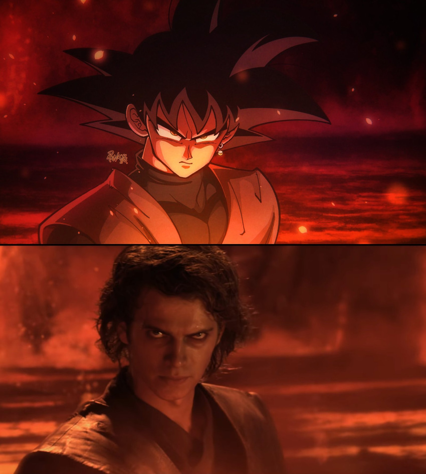 2boys, anakin_skywalker, anakin_skywalker_(cosplay), black_hair, cosplay, covered_collarbone, dragon_ball, dragon_ball_super, earrings, goku_black, highres, jewelry, lava, looking_at_viewer, male_focus, multiple_boys, outdoors, potara_earrings, renatt_(rntt_o), serious, short_hair, spiky_hair, star_wars, star_wars:_revenge_of_the_sith