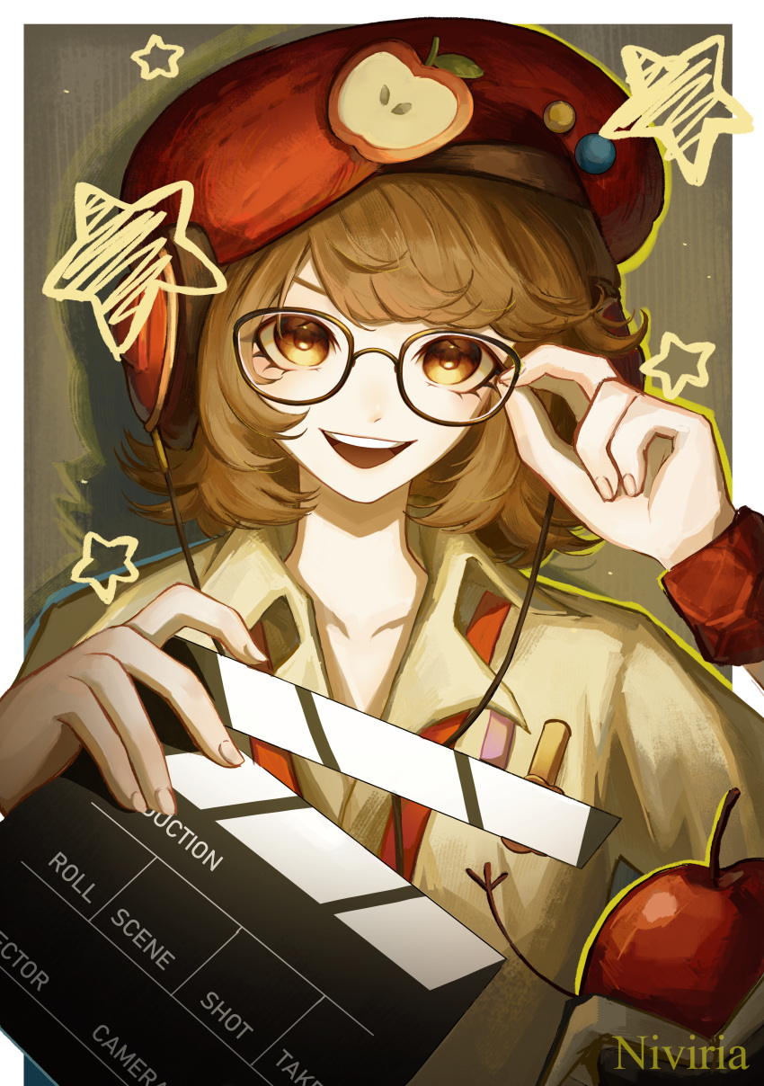1girl, :d, absurdres, adjusting_eyewear, apple, apple_(reverse:1999), artist_name, beret