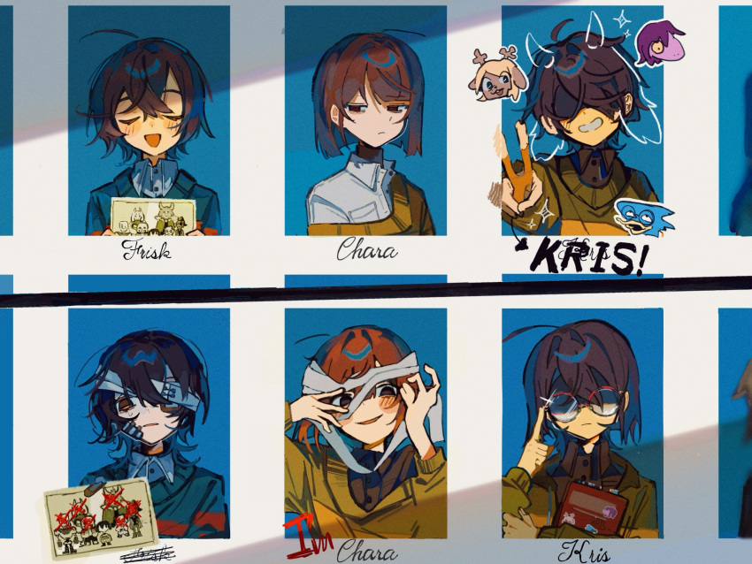 3others, bandages, blue_sweater, chara_(undertale), character_name, character_sticker, crossed_out, deltarune