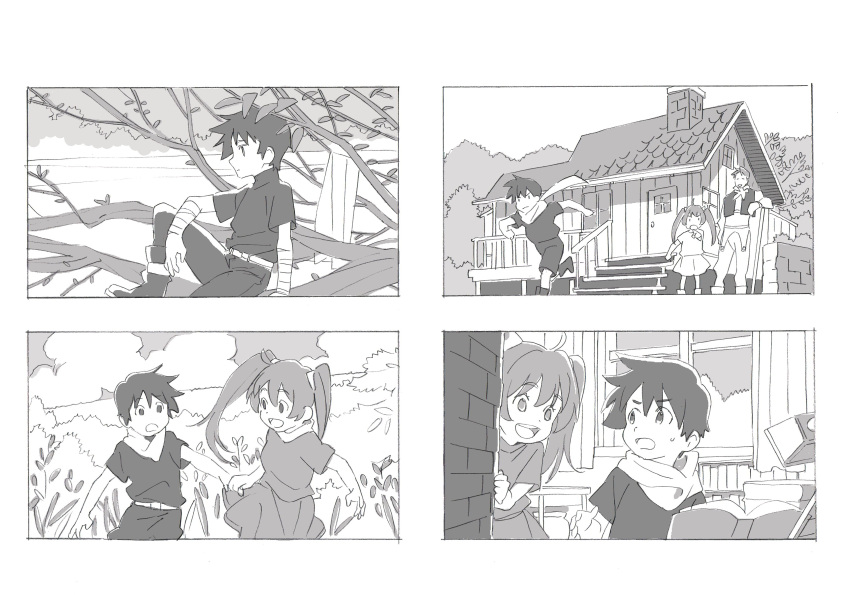 2boys, absurdres, cassius_bright, eiyuu_densetsu, estelle_bright, family, father_and_daughter, greyscale