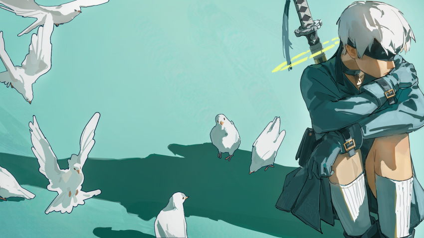 1boy, 9s_(nier:automata), absurdres, bird, black_blindfold, blindfold, closed_mouth, coat