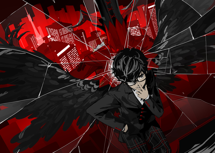 1boy, absurdres, adjusting_eyewear, amamiya_ren, black_hair, black_jacket, black_pants, black_wings