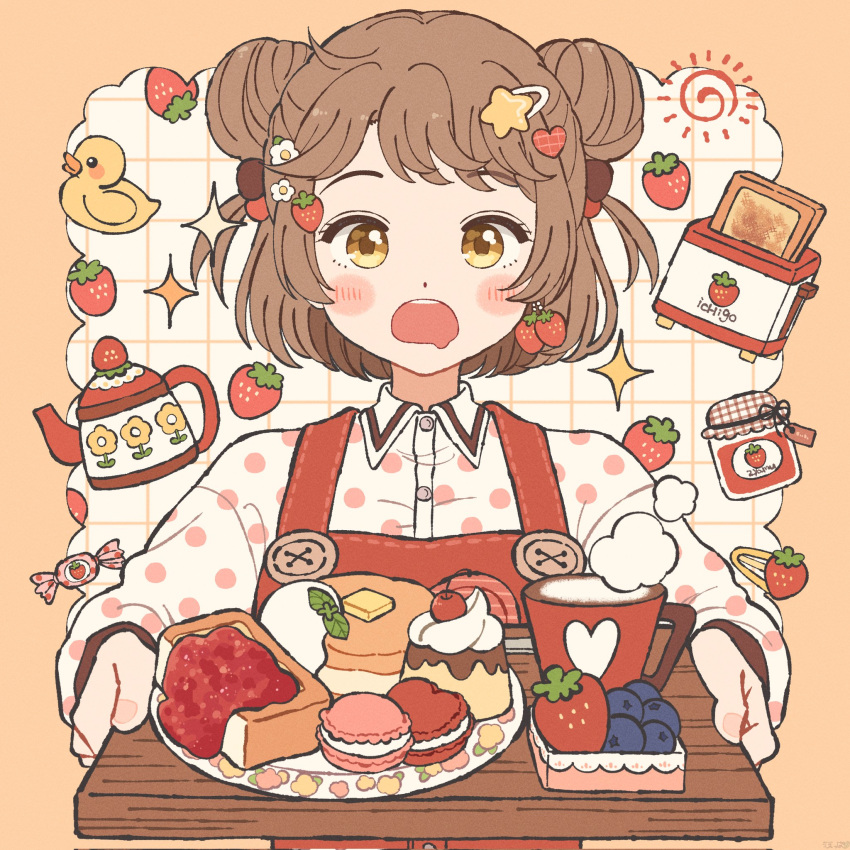 1girl, blueberry, blush_stickers, border, brown_hair, candy, collared_shirt, commentary