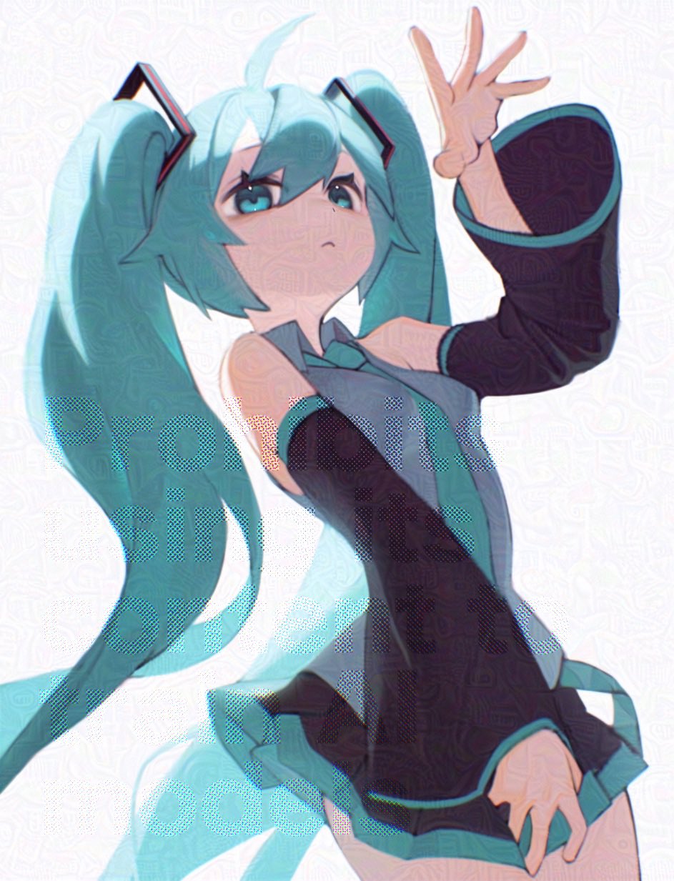 1girl, :<, adversarial_noise, ahoge, aqua_eyes, aqua_hair, aqua_necktie, bare_shoulders