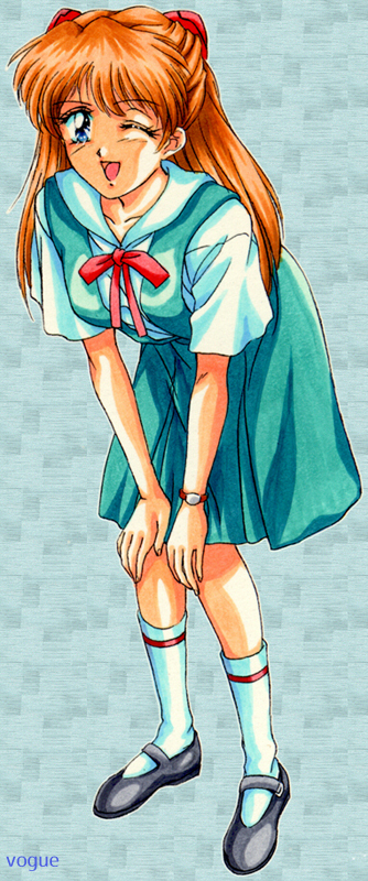 1990s_(style), 1girl, ;d, blue_eyes, hair_ornament, hands_on_own_knees, leaning_forward, long_hair