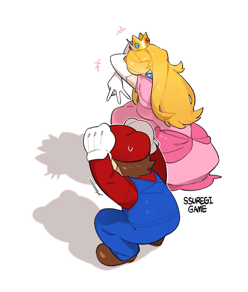 1boy, 1girl, blonde_hair, blue_overalls, brown_hair, cat_shadow_puppet_(meme), crown, dress