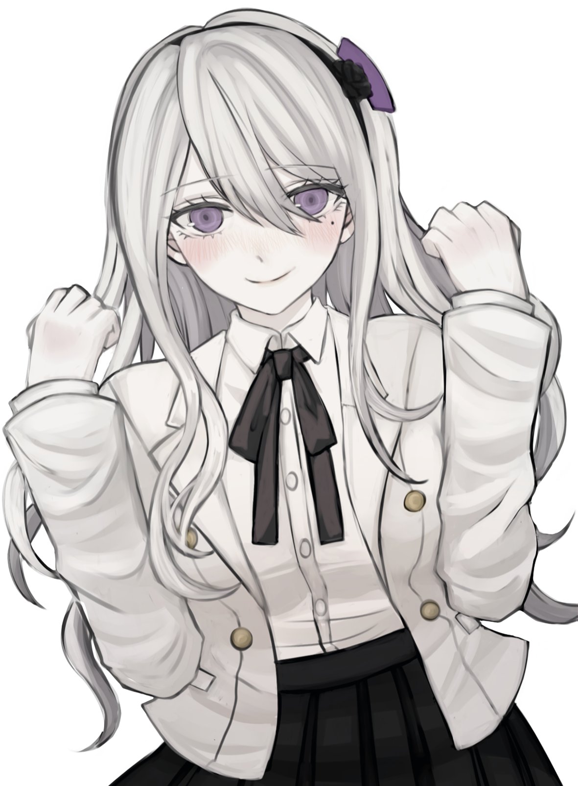 1girl, black_skirt, blush, cowboy_shot, grey_hair, highres, jacket, kashimiya_karua