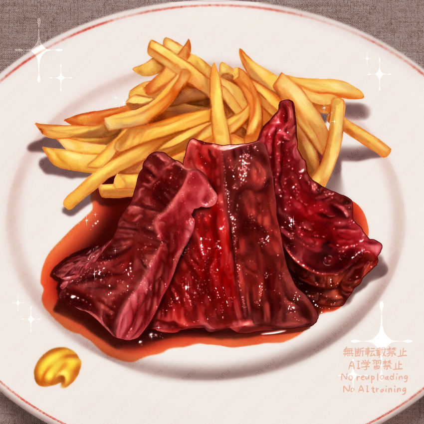 food, food_focus, french_fries, highres, ikuno_mana, meat, no_humans, original, plate, steak, still_life, watermark