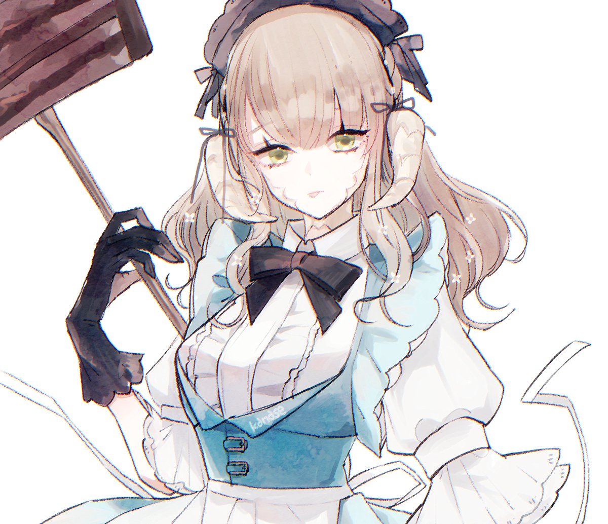 :p, apron, artist_name, au_ra, black_gloves, blue_dress, brown_hair, dragon_girl
