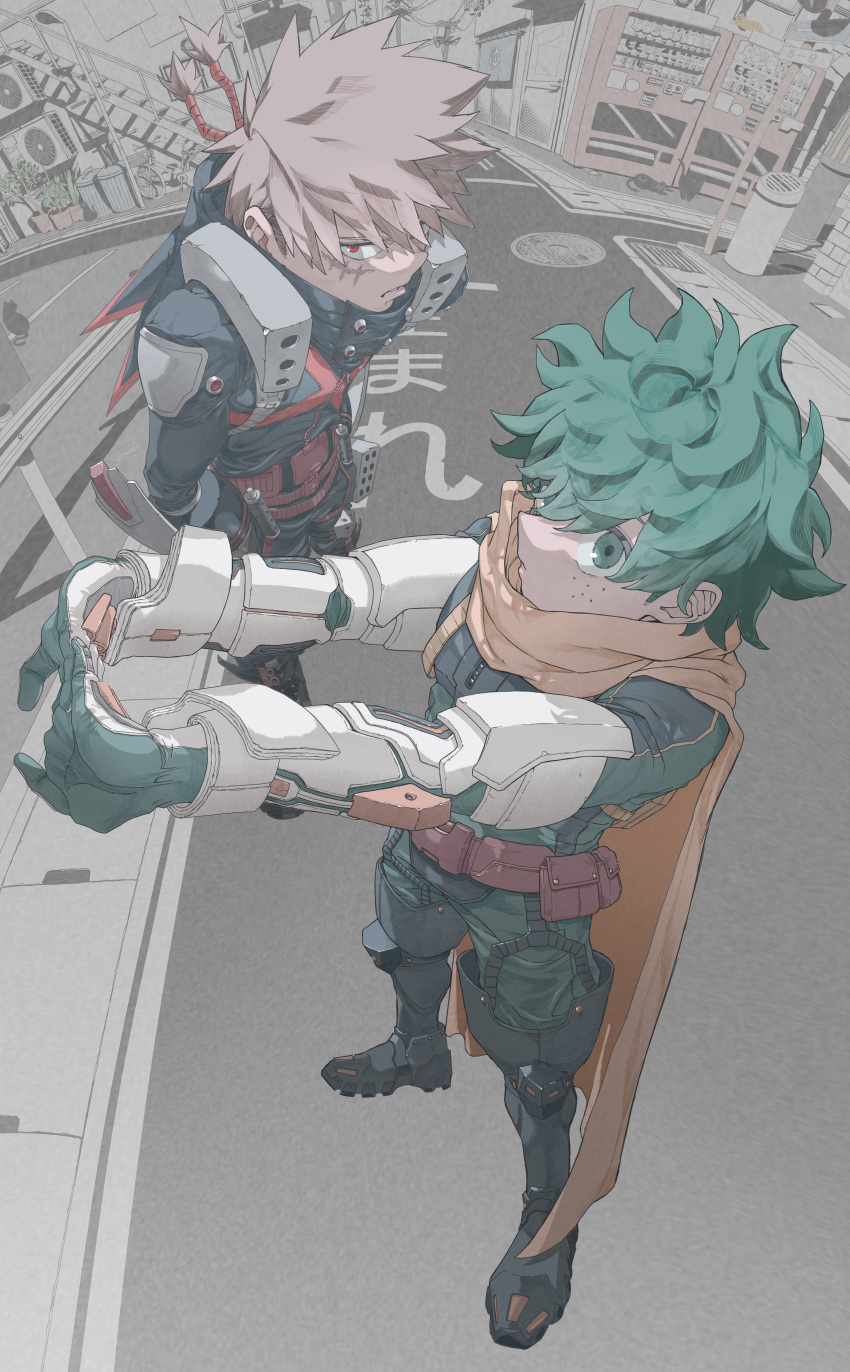 2boys, absurdres, bakugou_katsuki, boku_no_hero_academia, cape, commentary, freckles, green_eyes, green_hair, highres, midoriya_izuku, multiple_boys, pakupaku_keema, red_eyes, scar, scar_on_cheek, scar_on_face, short_hair, spiky_hair, superhero_costume