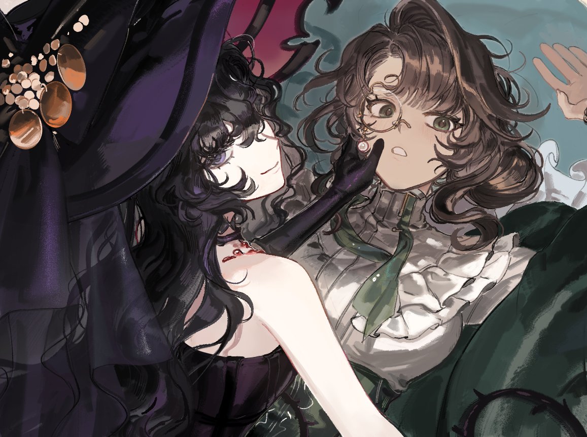 2girls, black_hair, breasts, brown_hair, closed_mouth, dress, elbow_gloves, gloves