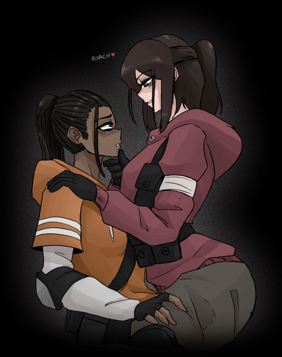 bak_stolb, bandages, beta_zoey_(left4dead), brown_eyes, grey_eyes, orange_hoodie, red_hoodie, rochelle_(left4dead)