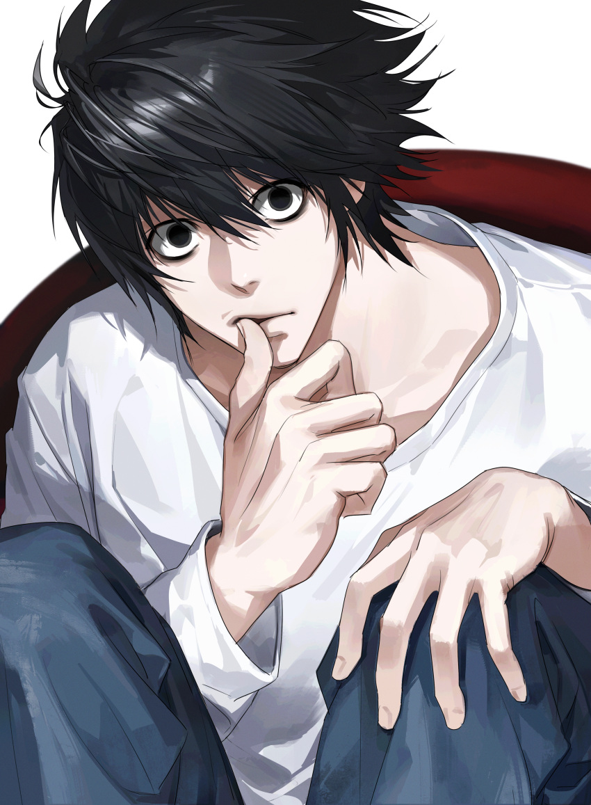 1boy, absurdres, bags_under_eyes, black_eyes, black_hair, death_note, denim, finger_in_own_mouth