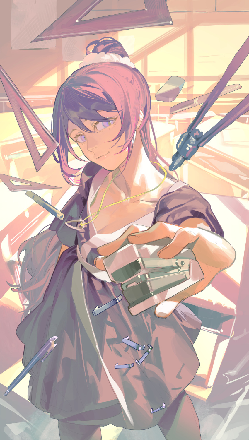 1girl, closed_mouth, dress, hair_between_eyes, hair_ornament, hair_scrunchie, highres, holding_stapler
