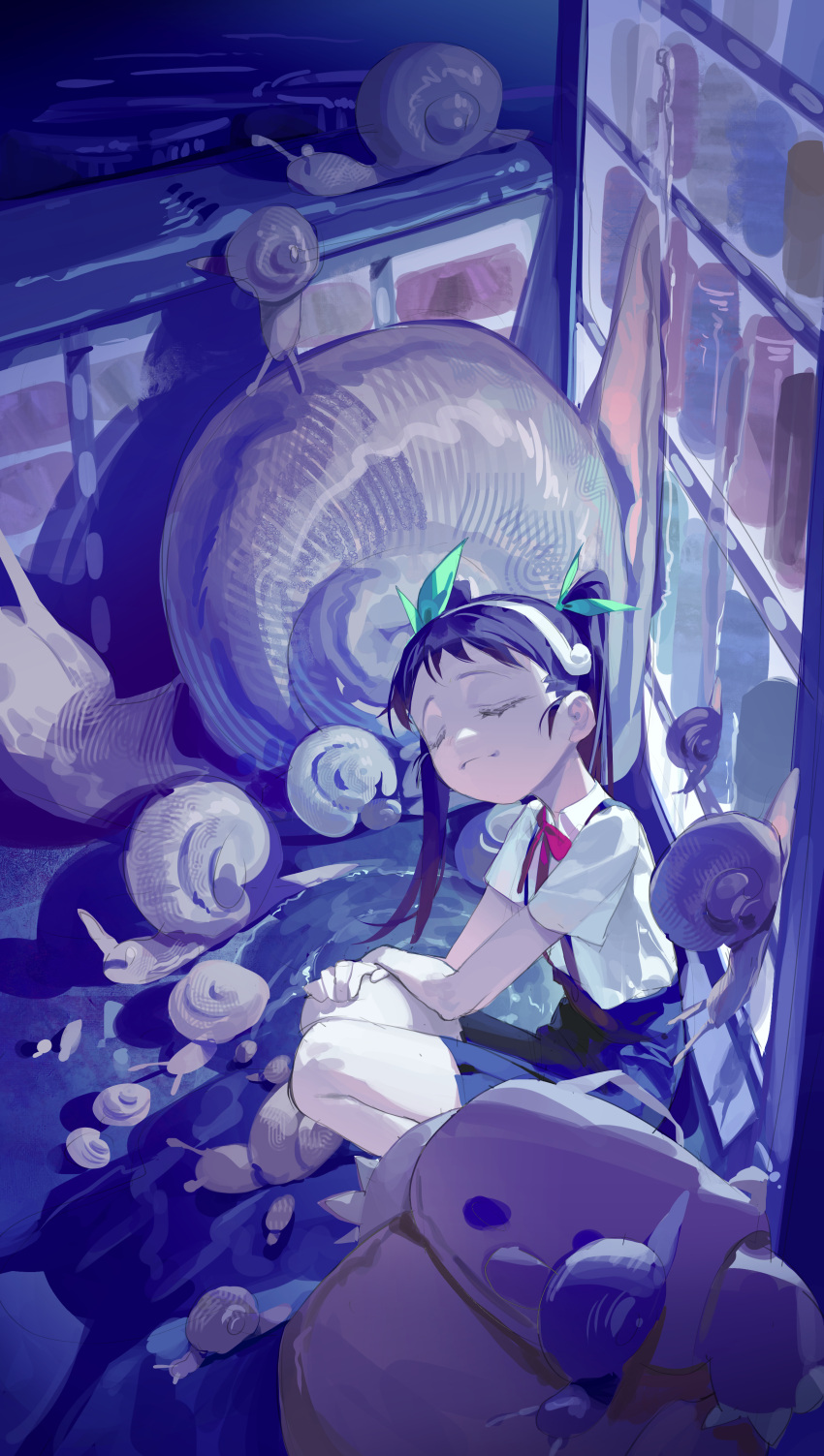 1girl, absurdres, animal, backpack, bag, black_hair, bow, bowtie, closed_eyes, collared_shirt, dark, facing_viewer, hachikuji_mayoi, hair_bow, hairband, highres, indoors, large_bag, long_hair, monogatari_(series), omurice_(304975636), oversized_animal, shirt, short_bangs, short_sleeves, skirt, snail, solo, squatting, suspender_skirt, suspenders, twintails, vending_machine