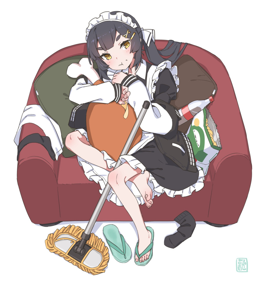 1girl, :t, akari_(raigou), black_hair, chair, chicken_(food), chicken_leg, chips_(food)
