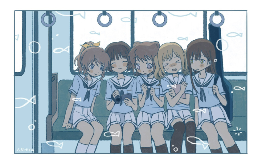 >_<, 5girls, bang_dream!, blonde_hair, blue_eyes, blue_ribbon, blush, brown_hair, closed_eyes, commentary_request, fish_(symbol), green_eyes, hanasakigawa_school_uniform, hanazono_tae, highres, holding, holding_notebook, ichigaya_arisa, kneehighs, long_hair, multiple_girls, nihiru0513, notebook, ponytail, poppin'party, ribbon, sailor_collar, school_uniform, short_hair, sitting, skirt, smile, socks, sparkling_eyes, subway, thigh-highs, toyama_kasumi, twintails, ushigome_rimi, video_camera, violet_eyes, white_sailor_collar, white_skirt, yamabuki_saya